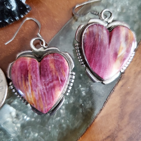Native American Jewelry - Huge Navajo Sterling Spiny Oyster Heart Earrings